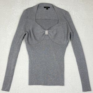 REBA Sweater Womens L Silver Metallic Fitted Milkmaid Coquette Bow Glam Luxury